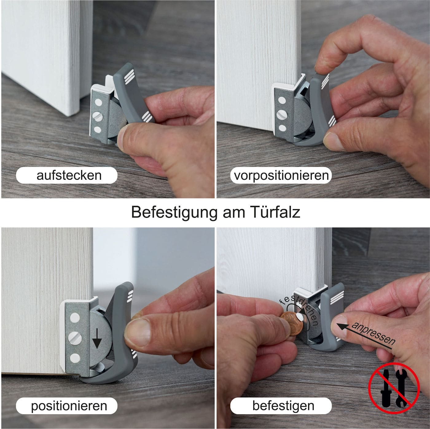 ClipFlix mini wird am Türfalz mit einer Münze befestigt