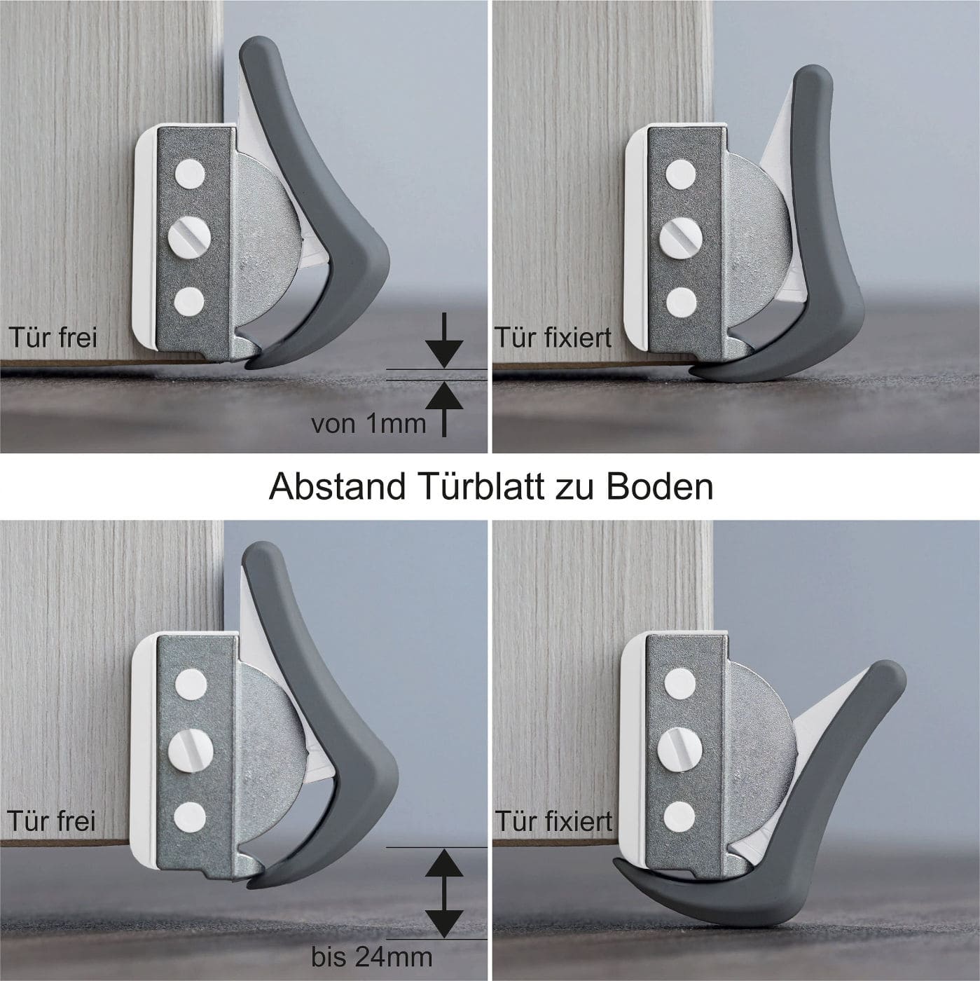 ClipFlix mini Türstopper zeigt Einsatzbereich bei 1 bis 24 mm Türbodenabstand