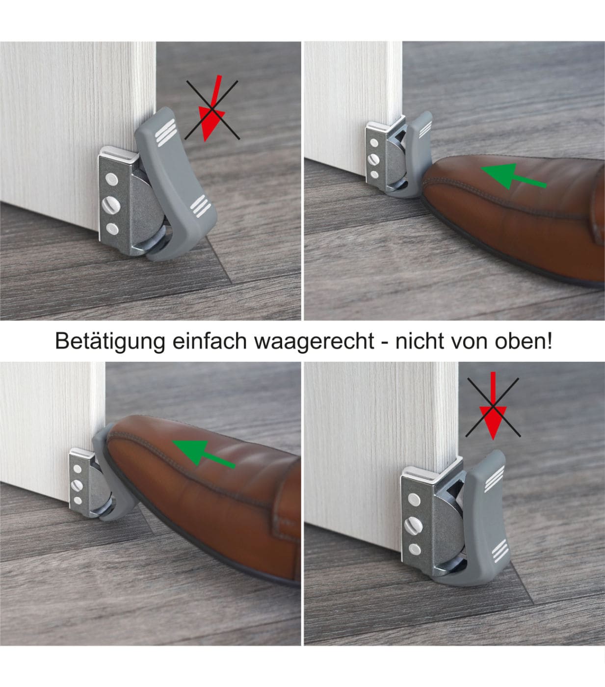 ClipFlix mini Türstopper wird mit Schuh waagerecht betätigt