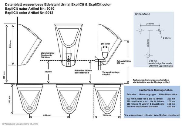 MontageZeichnung Edelstahl Urinal ExpliCit